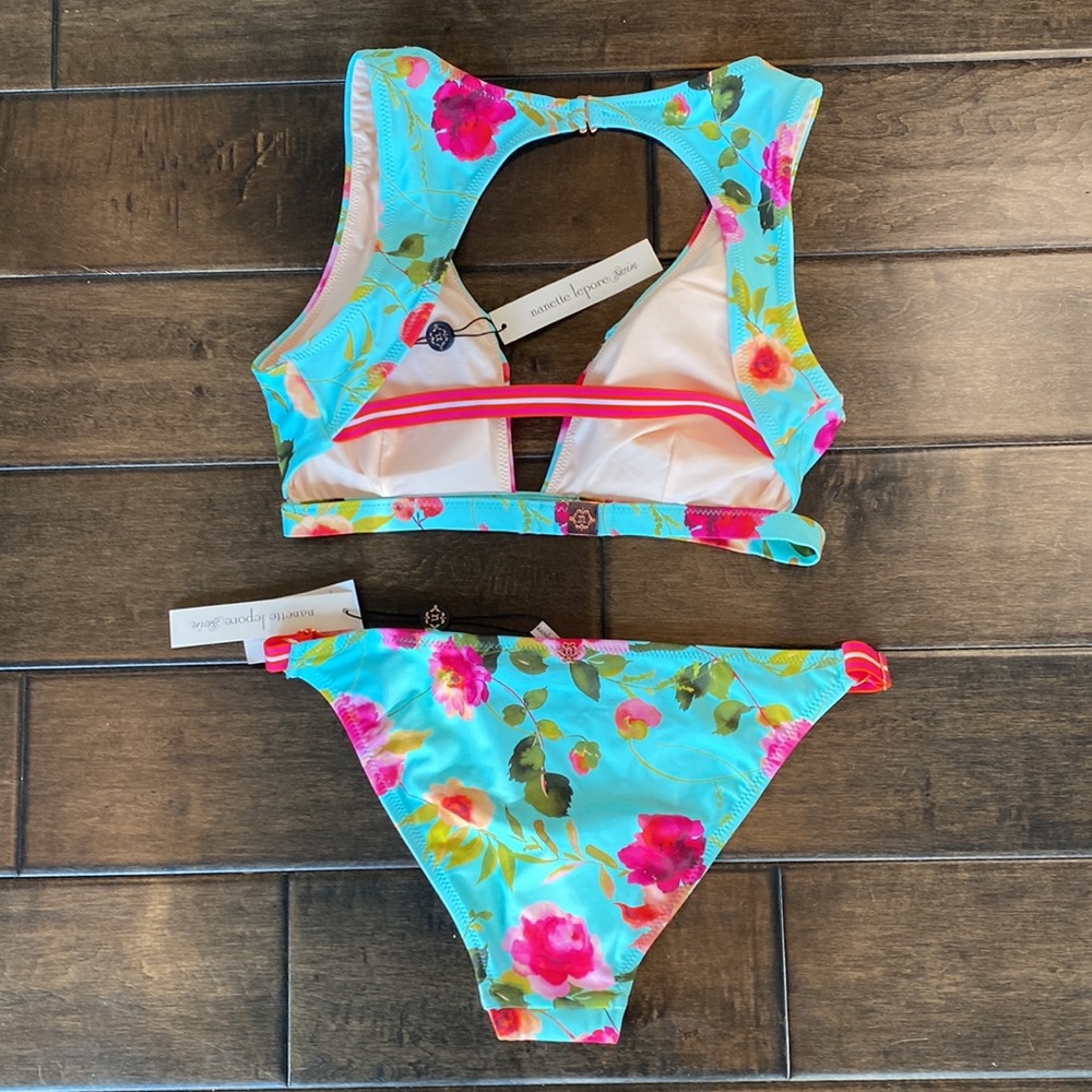 Nanette Lepore Silk Blossoms Blue Alana Apex Tri Bikini Set - Picture 4 of 12